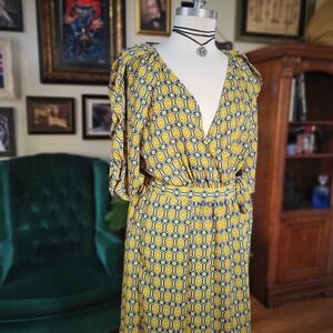 Kate Hudson Happy Nature NWT Blue Yellow Geometric Wrap‎ Maxi Dress Boho L
